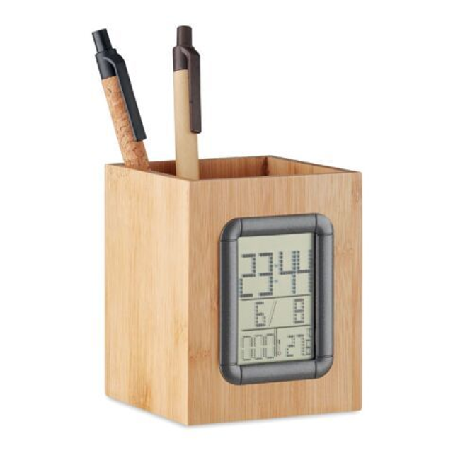 Bamboo penholder and LCD clock