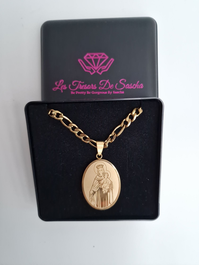 Collier Médaillon Vierge Marie Et Enfant Jésus Acier Inoxydable Doré