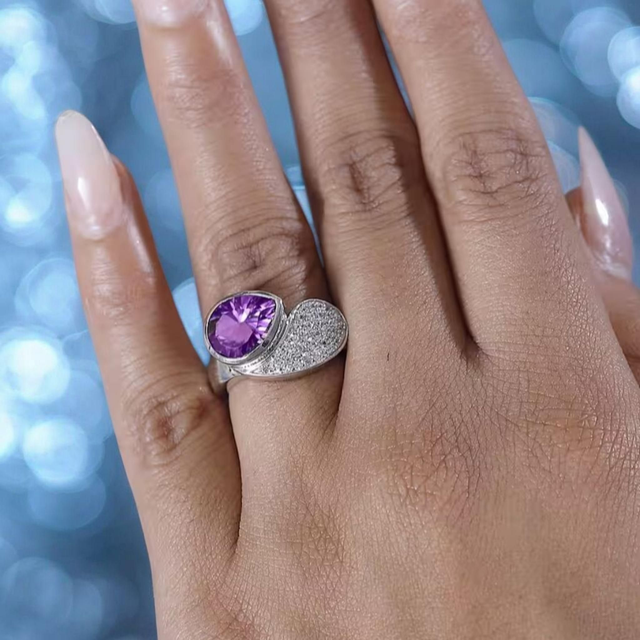 Beautiful Moroccan Amethyst & Cambodian Zircons Statement Ring.
