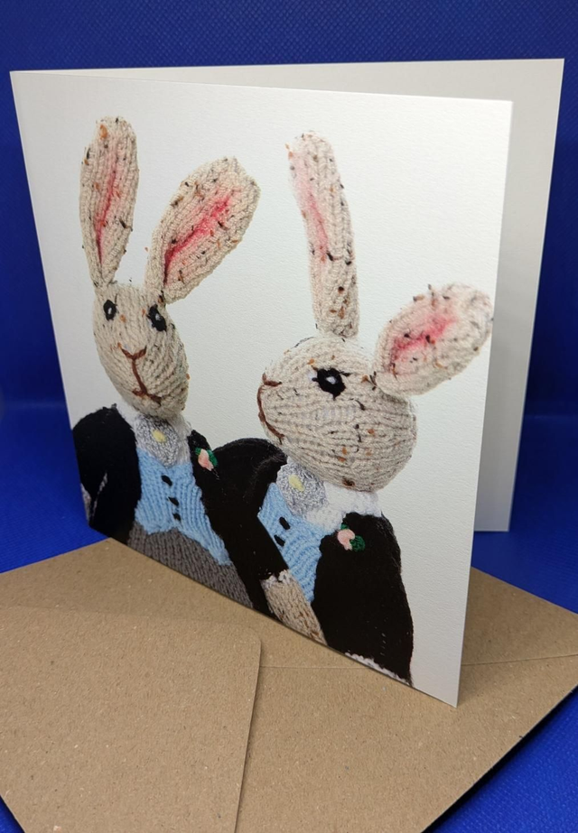Patricia Anne Range Wedding (Mr & Mr) Greeting Card - Knitted Bunnies 