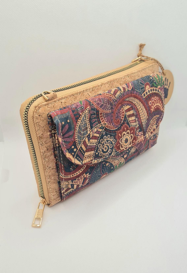 Porte-monnaie/pochette "Miriam" pour natel 2en1 en liège naturel et imprimé tons violets (bandoulière amovible)