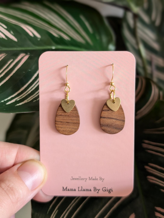 Charming Heart and Wood Teardrop Earrings