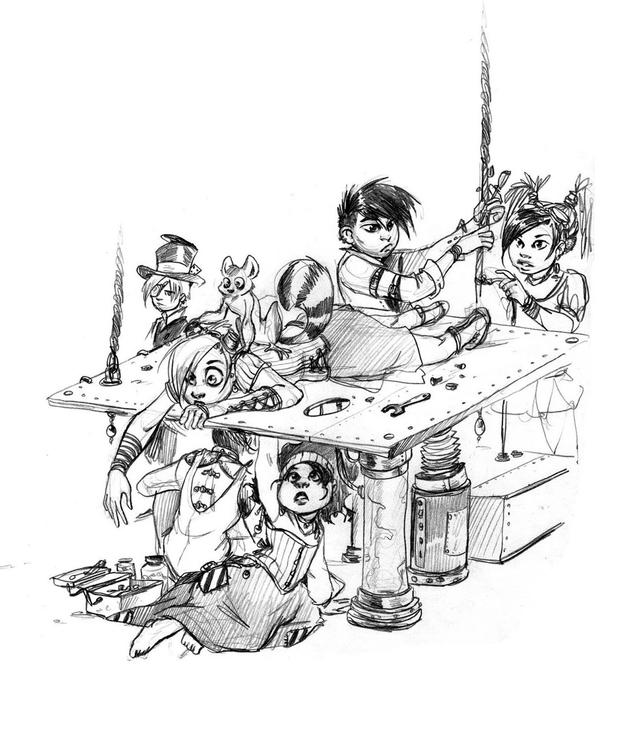 A4, personnages dans un décor, noir et blanc - commande d&#039;illustration originale