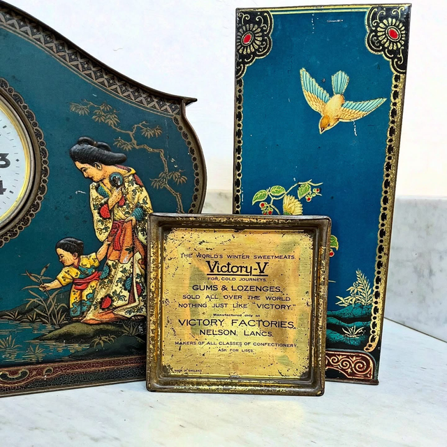 Early 20th Century “Victory V Gums & Lozenges” Chinoiserie Clock Tin by Fryer & Co., England