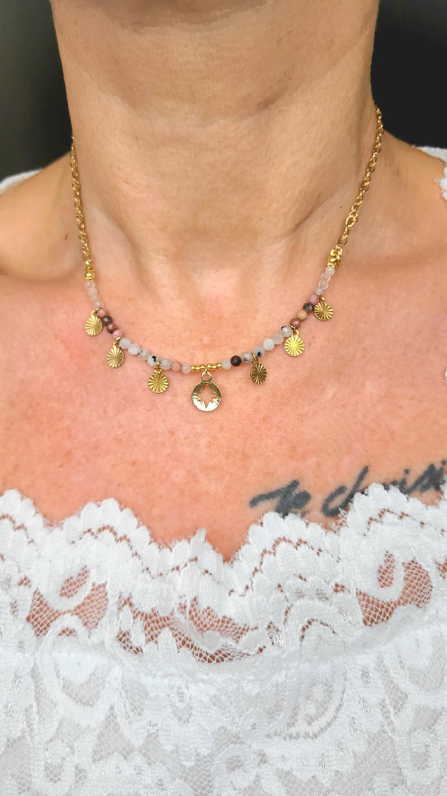 Collier Quartz Rose, Rhodonite, Pierre de Lune - Tendresse & Amour