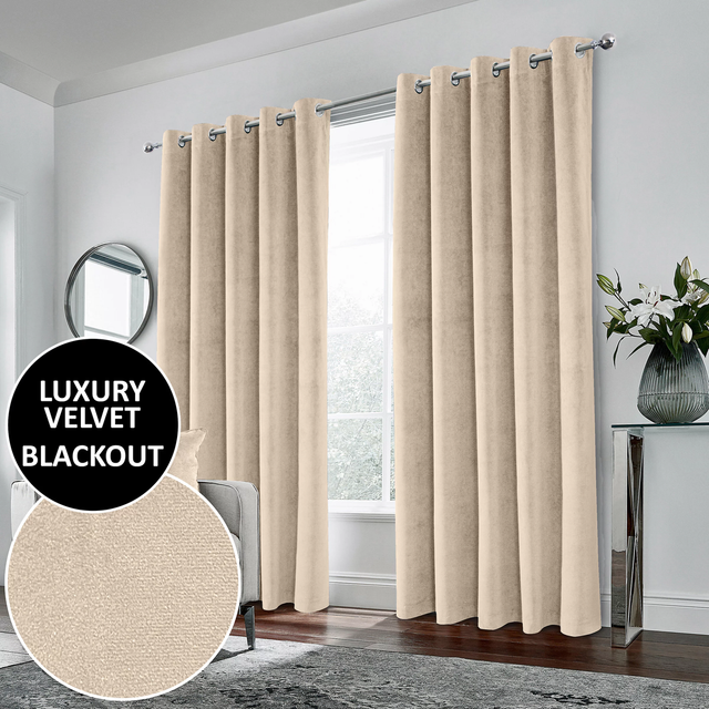 Enhanced Living Hampton Cream 100% Blackout Velvet Readymade Eyelet Curtains
