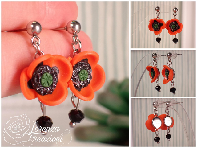 Orecchini pendenti papaveri con perla.