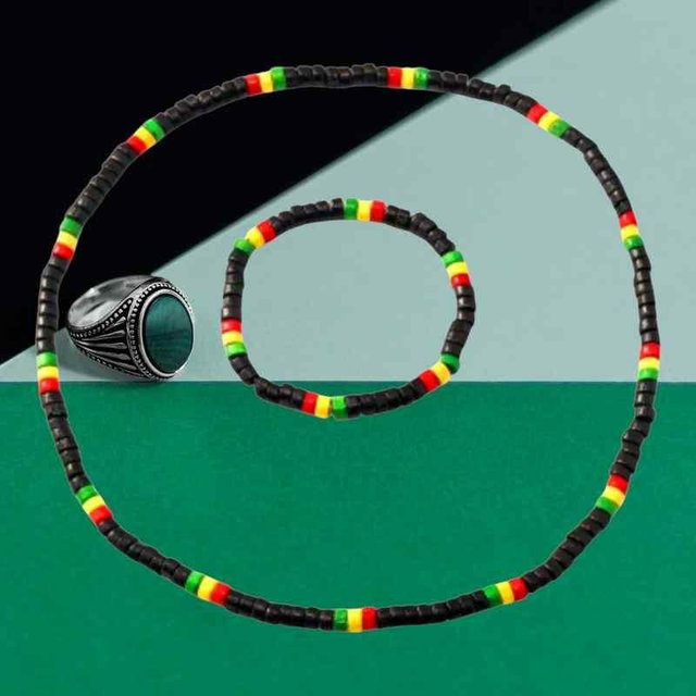 Black Beaded Necklace &amp; Bracelet Set – Red, Yellow &amp; Green Accents | Fashion &amp; Accessories
