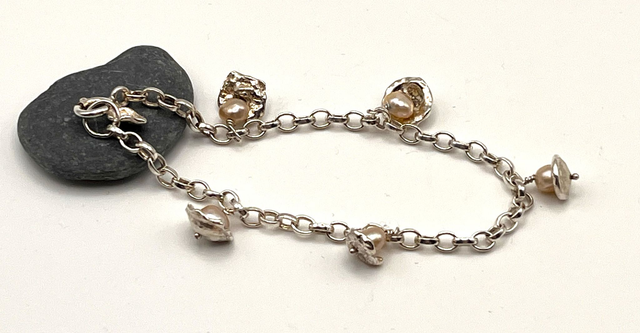 Pink Freshwater Pearl &amp; Recycled Silver Cup Charm Bracelet – Organic Handmade Design