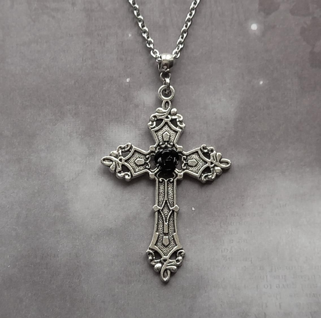 Patterned Gothic Cross with Black Rose