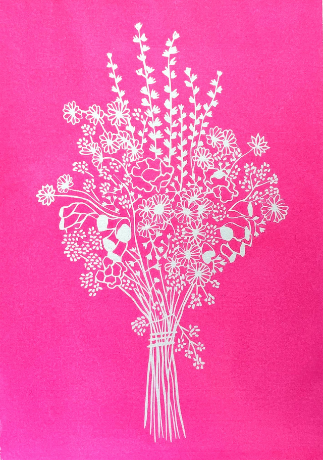 Le bouquet rose • Linogravure 15 x 21 cm
