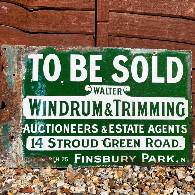 Early 20th Century Enamel Advertising Sign For London Based Auctioneers And Estate Agents, Walter Windrum &amp; Trimming