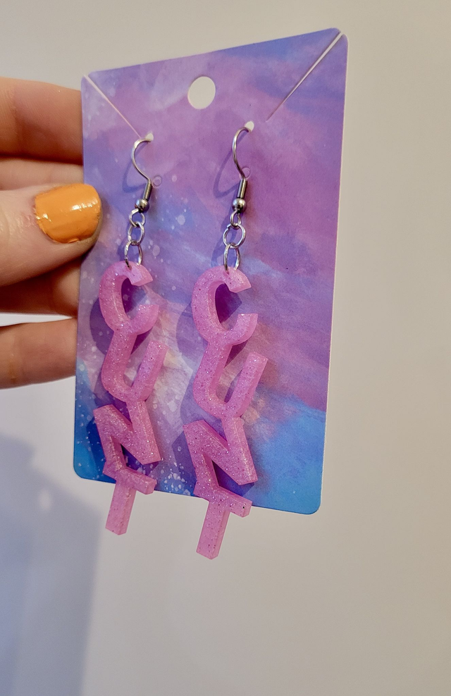 Earrings- Light Pink Glitter CUNT Swear Earrings | Stainless Steel Shepherd Hooks