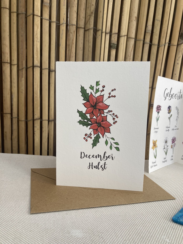 Ansichtkaart Geboortebloem December Hulst in kleur, inclusief envelop, van originele tekening, met of zonder tekst 