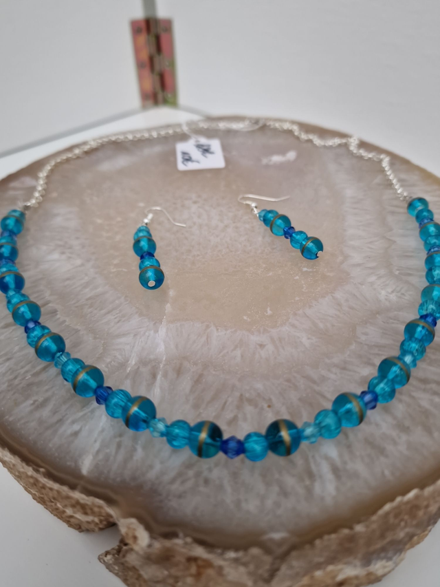 Parure Bijoux Collier Boucles D'oreilles Bleu Doré Argenté