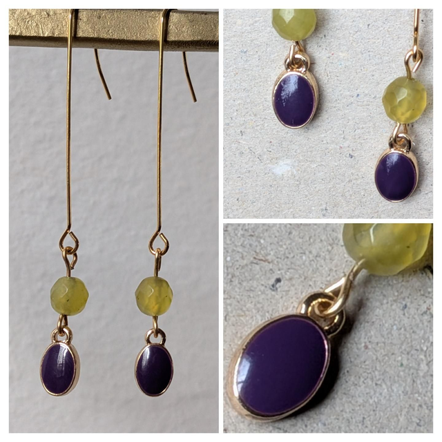 Boucles longues en jade et email violet, acier inoxydable doré -sans nickel, pièce unique 