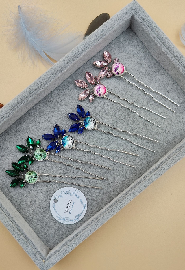 Épingles à Cheveux Argentées Scintillantes ,Lot de Deux épingles avec Cabochon couleurs au choix, bleu, vert ou rose