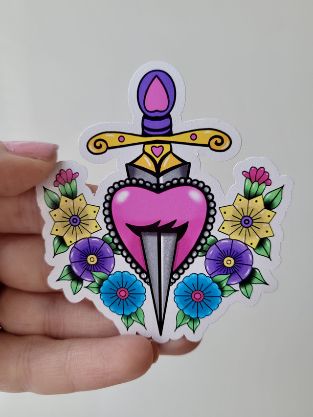 Floral Heart &amp; Dagger Vinyl Sticker