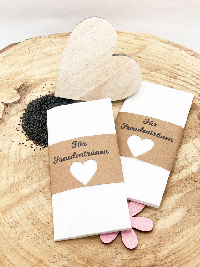 Freudentränen-Taschentücher mit Banderole & Herzausstanzung – 10er Set