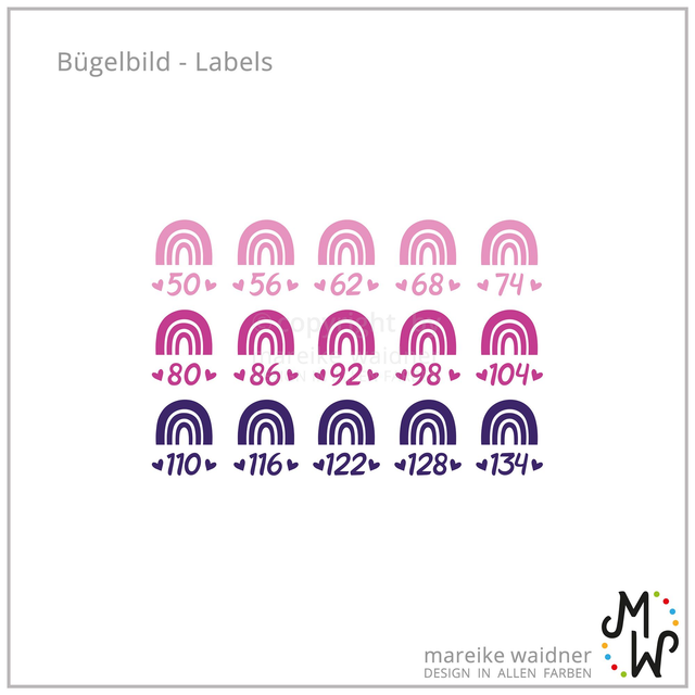 Bügelbild | 15 Label Set | Größenschild | Regenbogen mehrfarbig