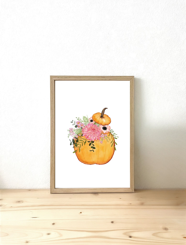 Affiche aquarelle A4 - CITROUILLE FLEURIE