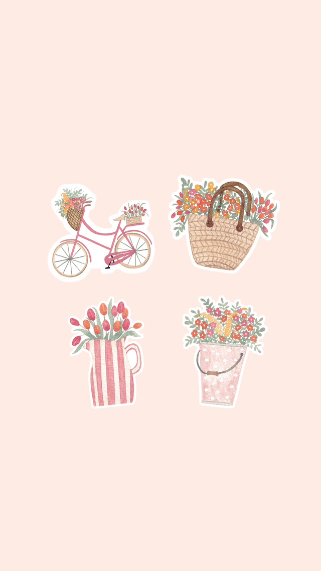Lot de 4 stickers floraux – Panier fleuri, sceau fleuri, vélo fleuri, vase tulipes