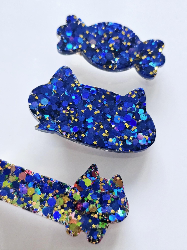 TRIO BARRETTES bleu nuit à paillettes étoiles dorées