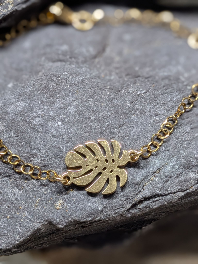 Gold Tone Plated Stainless Steel Clasp Bracelet With Palm Leaf Charm