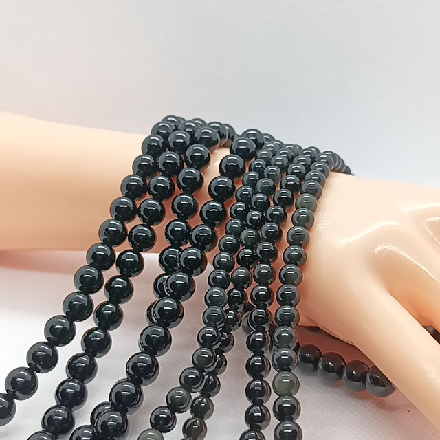 Obsidienne Noire Perles Rondes Polies - Fil Complet