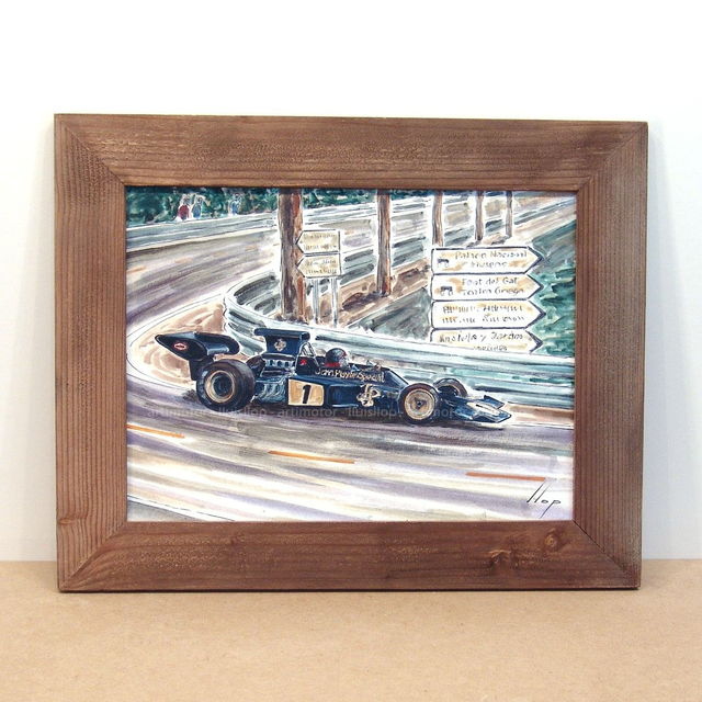 Artimotor enmarcado 28x35 - 1973 Emerson Fittipaldi Lotus 72 GP España (Montjuic)