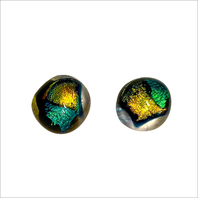 Stud earrings with gold and green dichroic glass (Ref ESS4)
