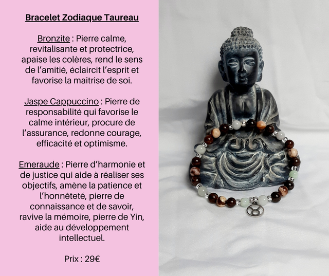 164- Bracelet Zodiaque Taureau- Bronzite, Jaspe Cappuccino et Emeraude