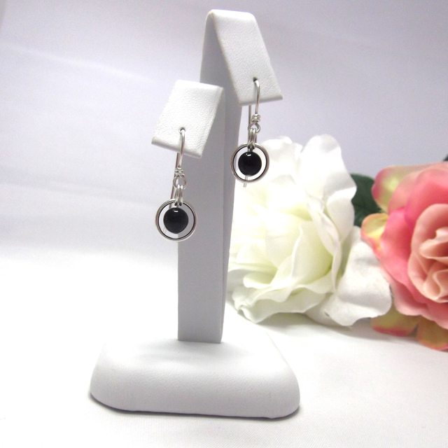 Black obsidian gemstone dangle earrings with bead in a ring of recycled sterling silver
