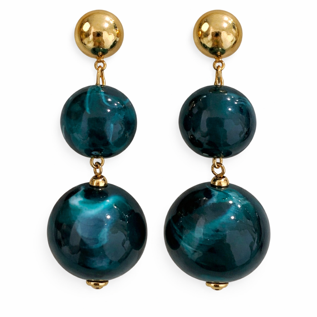Pendientes acero dorado doble esfera verde azulada 