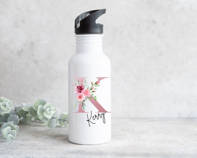 Persoanlised Floral Initial Water Bottle (available in 12 designs)