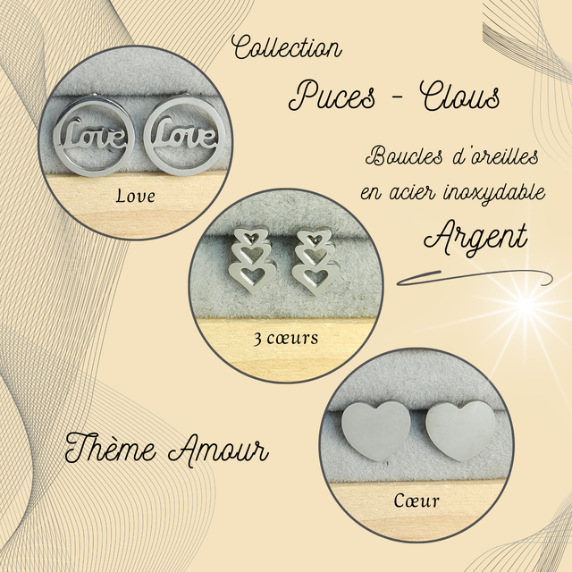 Clous d&#039;oreilles - Thème Amour - Acier Argent