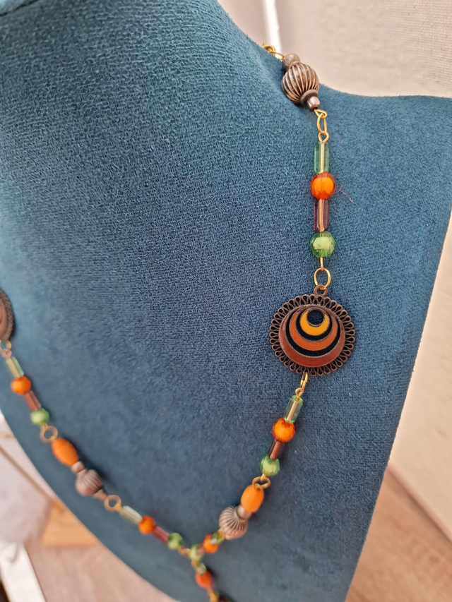 Collier Sautoir Doré Perles Orange Vert Marron