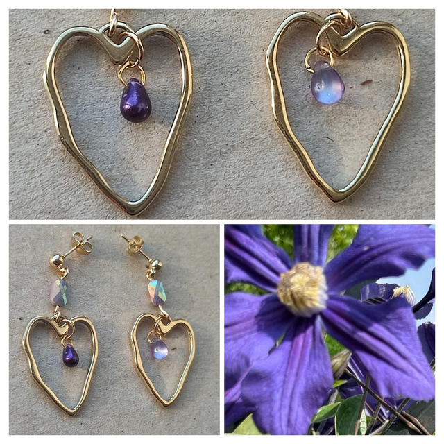 Coeurs gouttes et perles violine,puce en acier inoxydable doré -sans nickel, pièce unique 