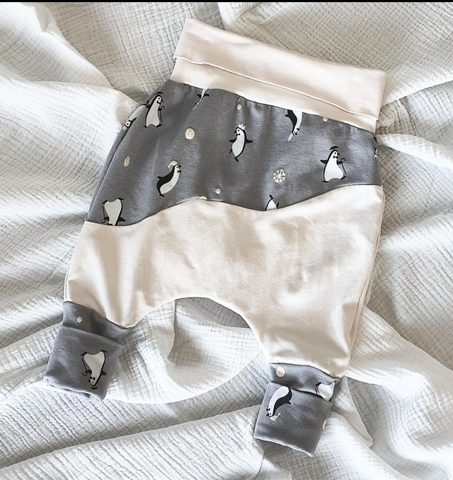 Sarouel Bébé Long Évolutif Jersey Coton Pingouins/Ecru