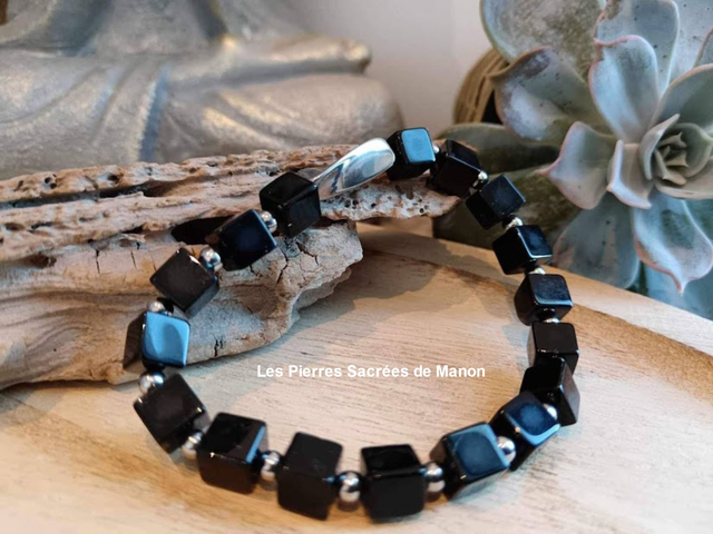 Bracelet Agate Noire - Perles 8mm carrées