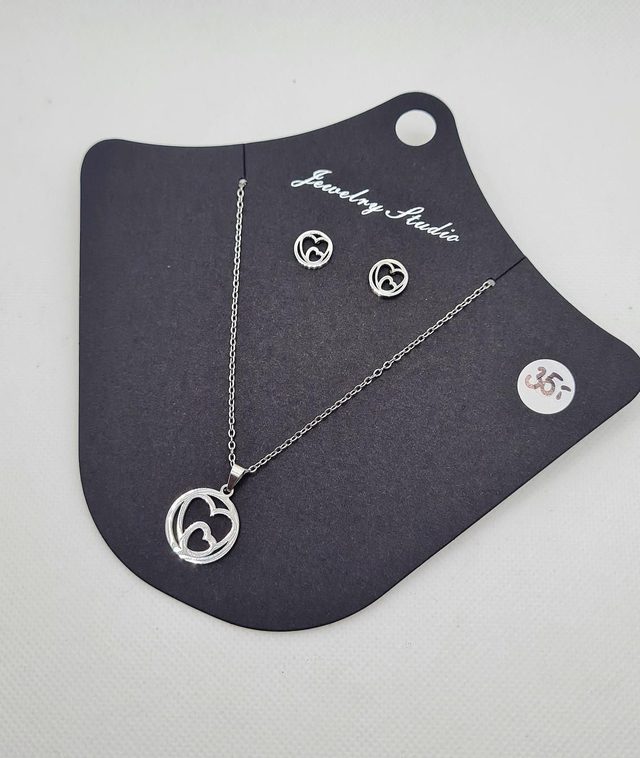 Parure duo "Tandem" en acier inoxydable argent (clous d'oreilles + collier assorti)