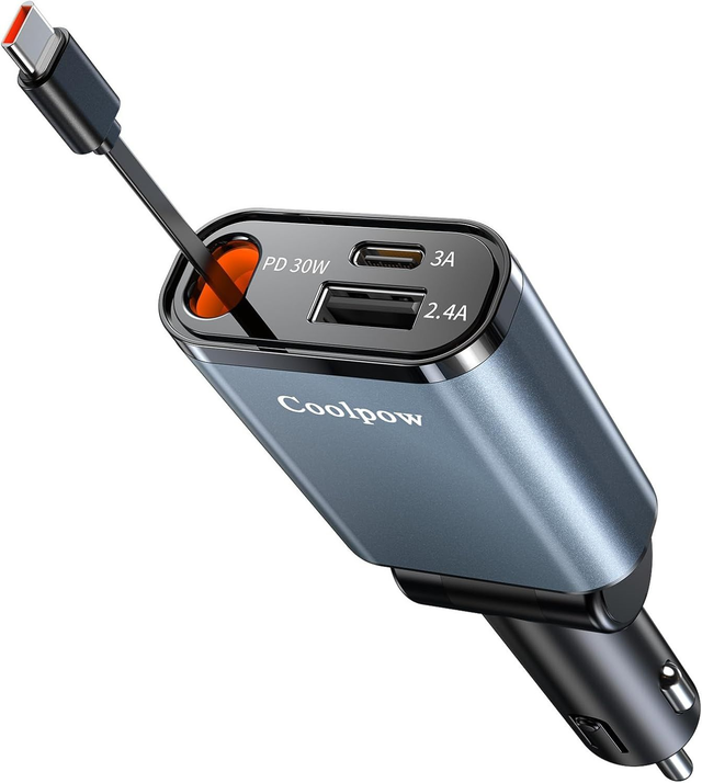 Chargeur Voiture Rétractable USB-C/USB-A – Charge Rapide 45W Coolpow (Allume-cigare)