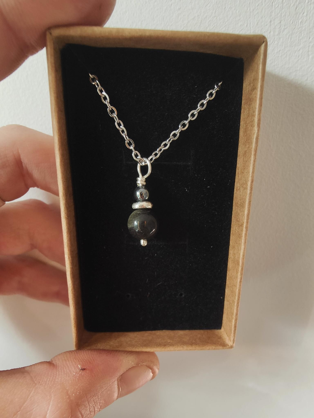 Pendentif &quot;Harmonie&quot; double Hématite Obsidienne Dorée Argent 925