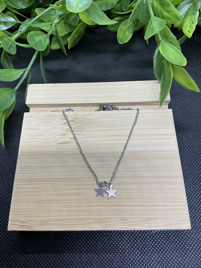 Collier Pendentif Deux Étoiles Acier Inoxydable - Ras de Cou Céleste