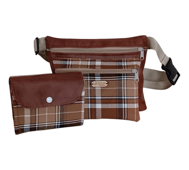 Conjunto Riñonera y Cartera Escocesa con Piel Vegana Marrón – Artesanía Coordinada