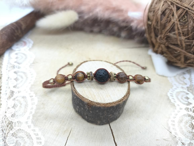 Bracelet fin marron pierre de lave, bois robles, laiton 