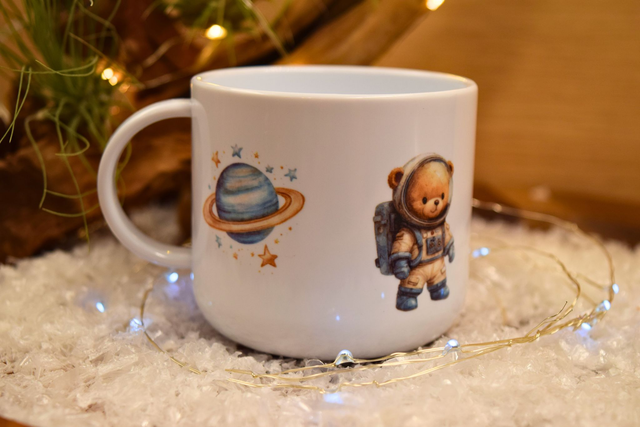 Child-Friendly Mug – Unbreakable Kids’ Cup with Astronaut Bears &amp; Rocket Ship (6oz Polymer)