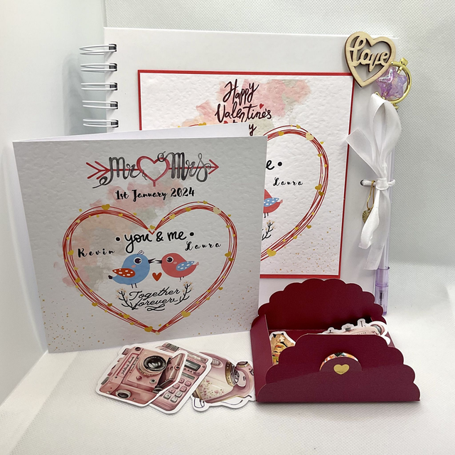 Personalised Wedding and Engagement gift set with couple’s name. Mr &amp; Mrs bird design.