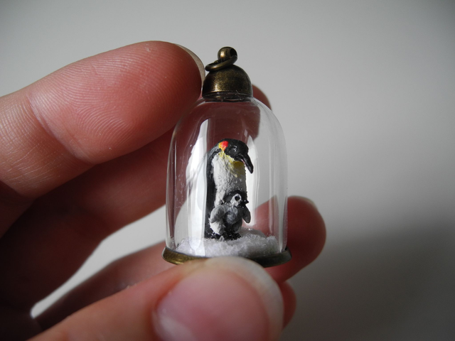 Penguin Pendant – “A father’s love” - OOAK Biosphere Brass Pendant - Clear glass cylinder with a delicate handmade penguin family inside