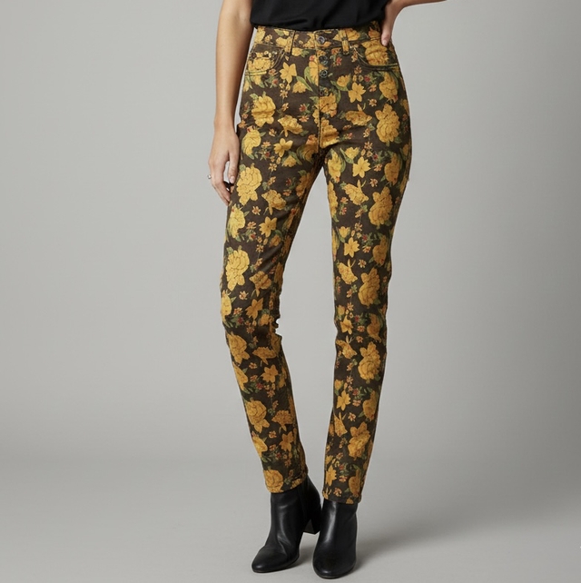 Jean Place du Jour Slim Imprimé Floral Jaune et Moutarde – Pantalon Stretch Femme